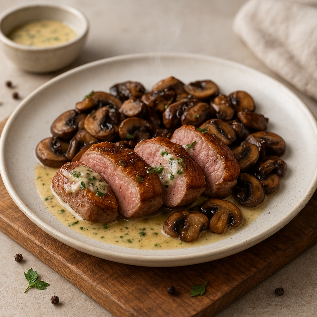 Seared Duck Breast Medallions with Anchovy-Butter and Wilted Cremini