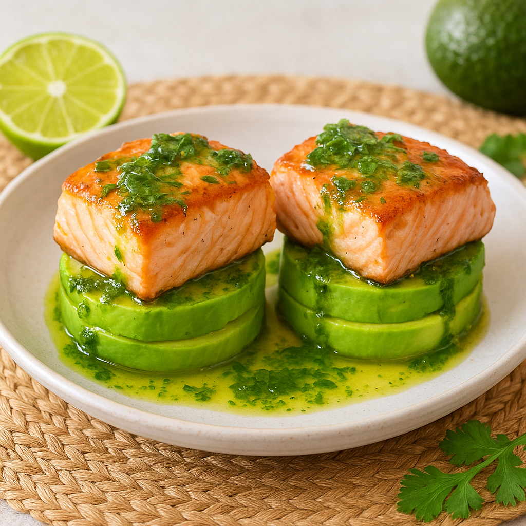 Seared Salmon-and-Avocado Stacks with Lime-Cilantro Oil
