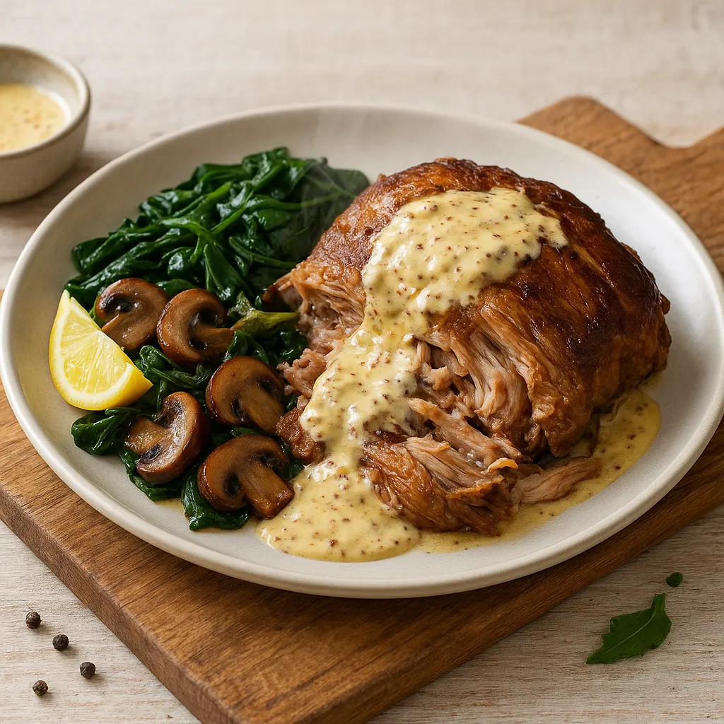 Slow-Braised Pork Shoulder with Mustard-Cream, Browned Cremini and Lemon-Wilted Spinach