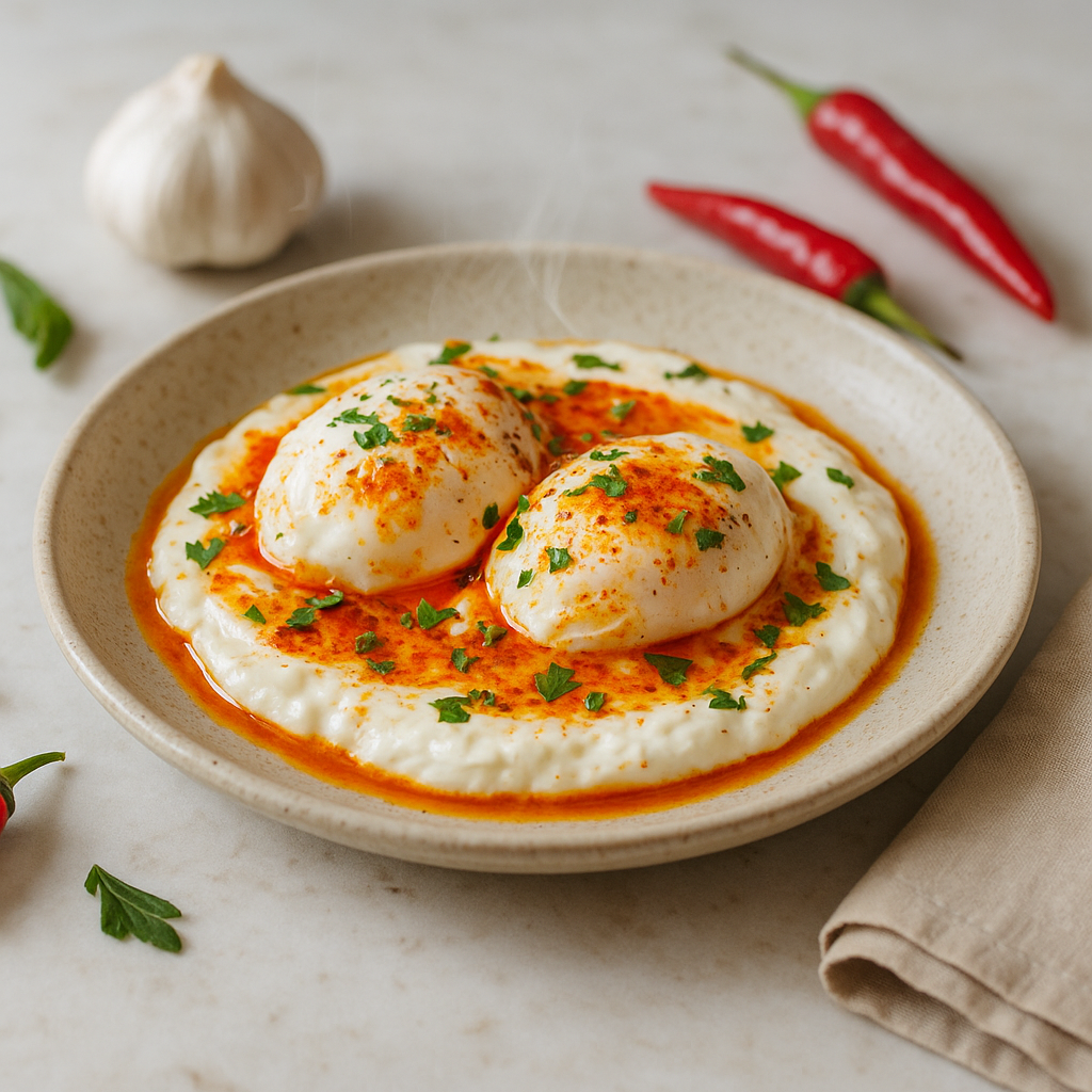 Paprika-Butter Poached Eggs on Lemon Greek Yogurt (Çılbır-style)