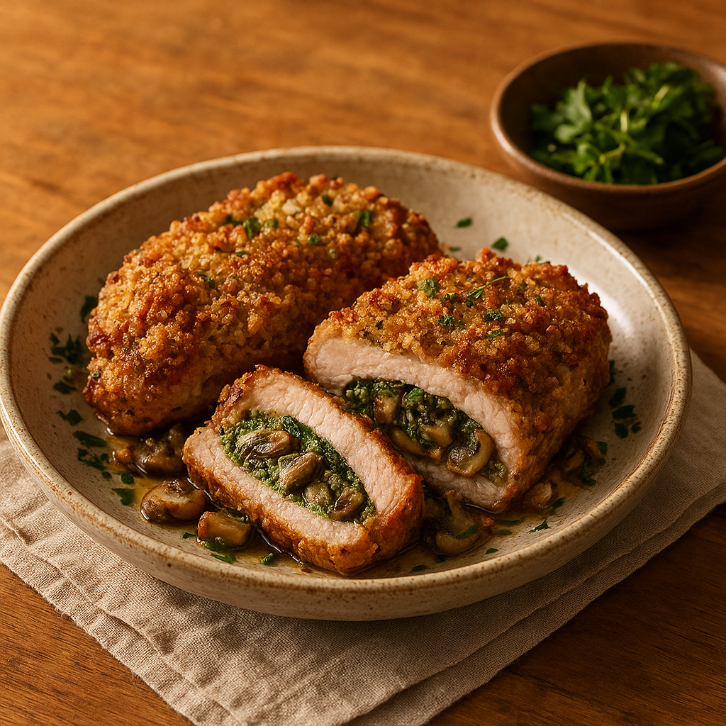 Walnut-Parmesan Crusted Pork Chops Stuffed with Pesto Mushrooms