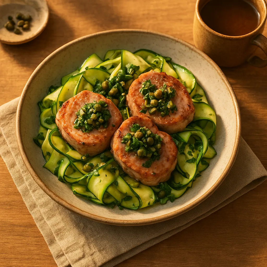 Pan-Seared Pork Tenderloin Medallions with Zucchini Ribbons and Olive-Caper Gremolata