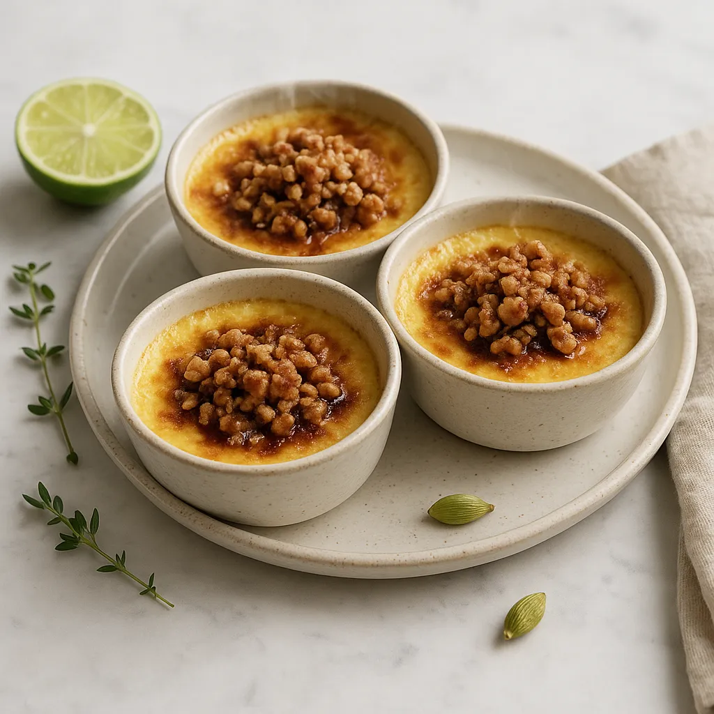 Baked Cardamom-Vanilla Cream Cheese Custards with Toasted Walnut Crumble