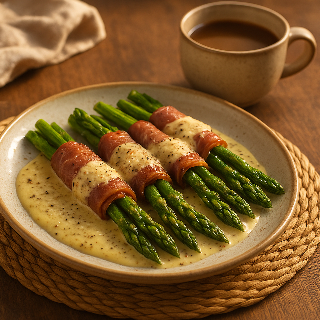 Prosciutto-Wrapped Asparagus Bundles with Mustard-Parmesan Cream