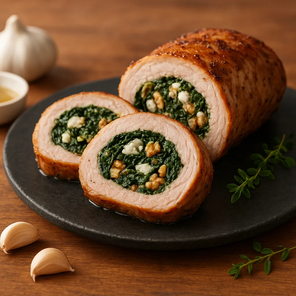 Pork Loin Roulade with Spinach, Feta, and Walnut Filling
