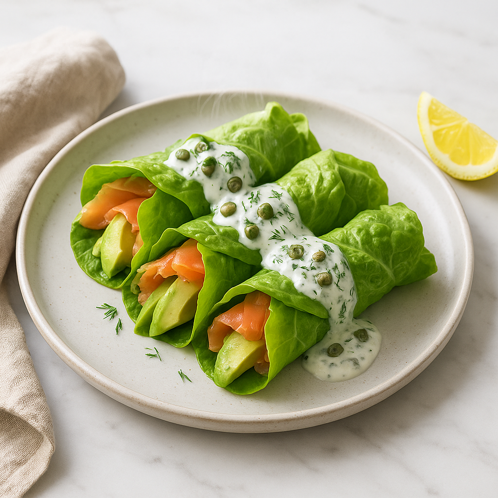 Smoked Salmon & Avocado Lettuce Rolls with Dill-Caper Yogurt