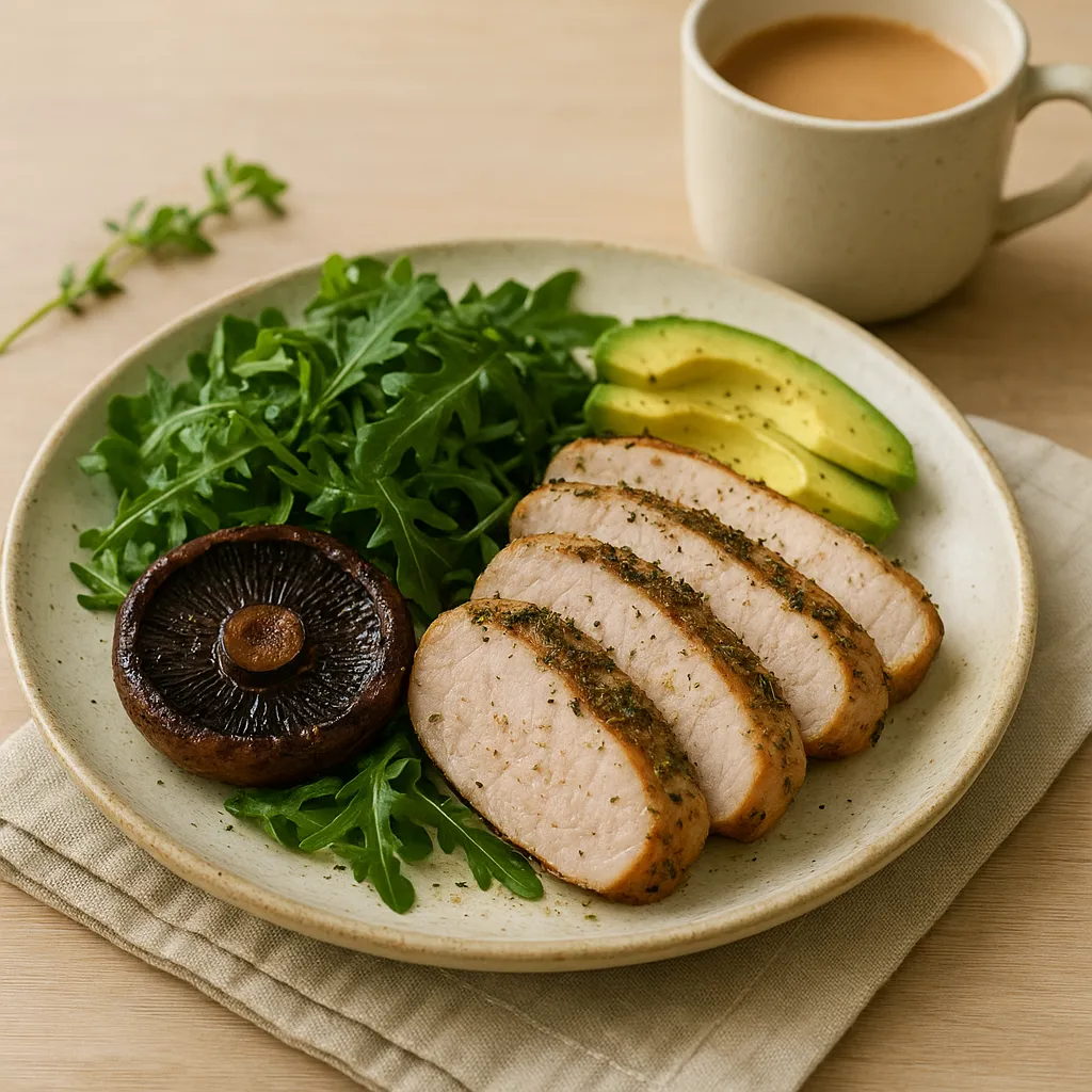 Herb-Roasted Pork Loin with Warm Arugula, Seared Portobello and Avocado