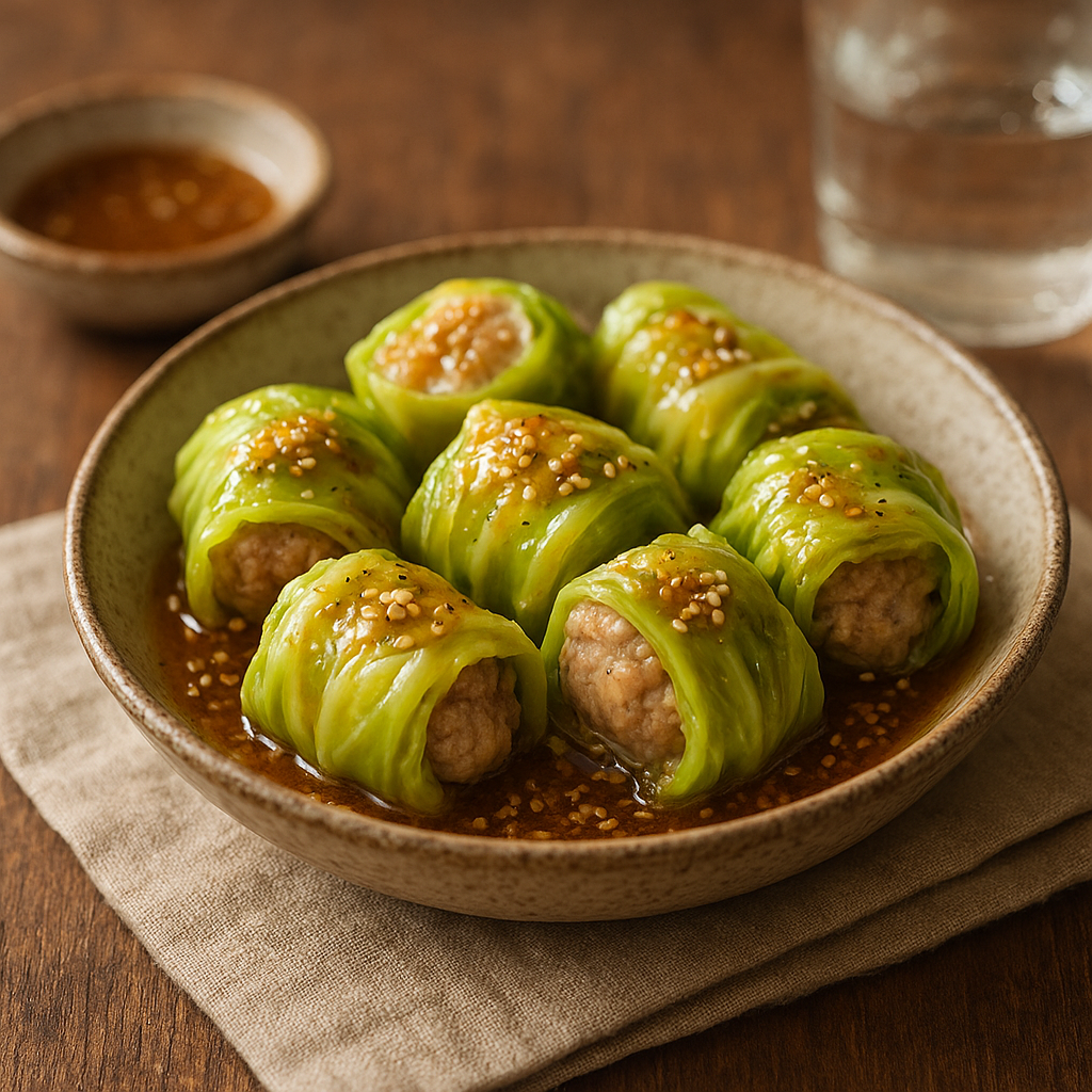 Steamed Cabbage-Wrapped Pork Bites with Sesame-Ginger Sauce