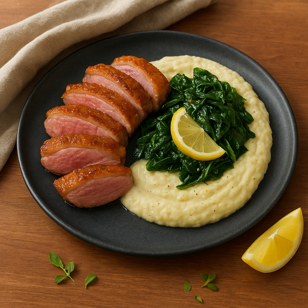 Seared Duck Breast with Cauliflower-Parmesan Purée and Lemon Wilted Spinach