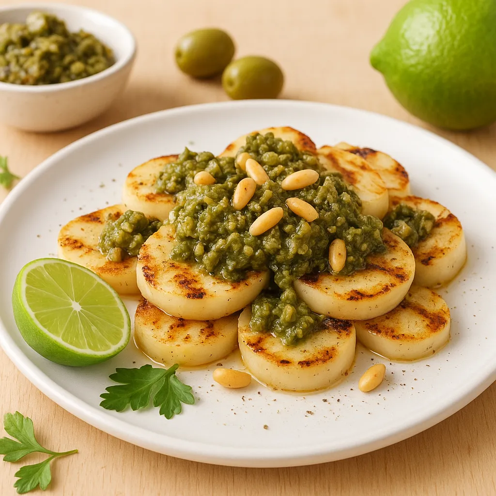 Charred Hearts-of-Palm with Green Olive–Anchovy Tapenade and Toasted Pine Nuts