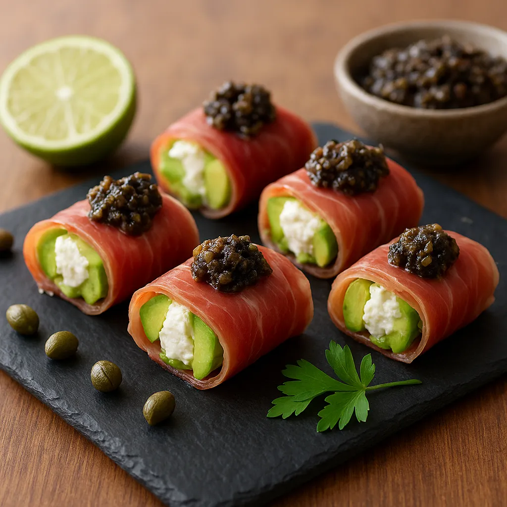Prosciutto-Wrapped Avocado Goat-Cheese Roll with Olive-Caper Tapenade