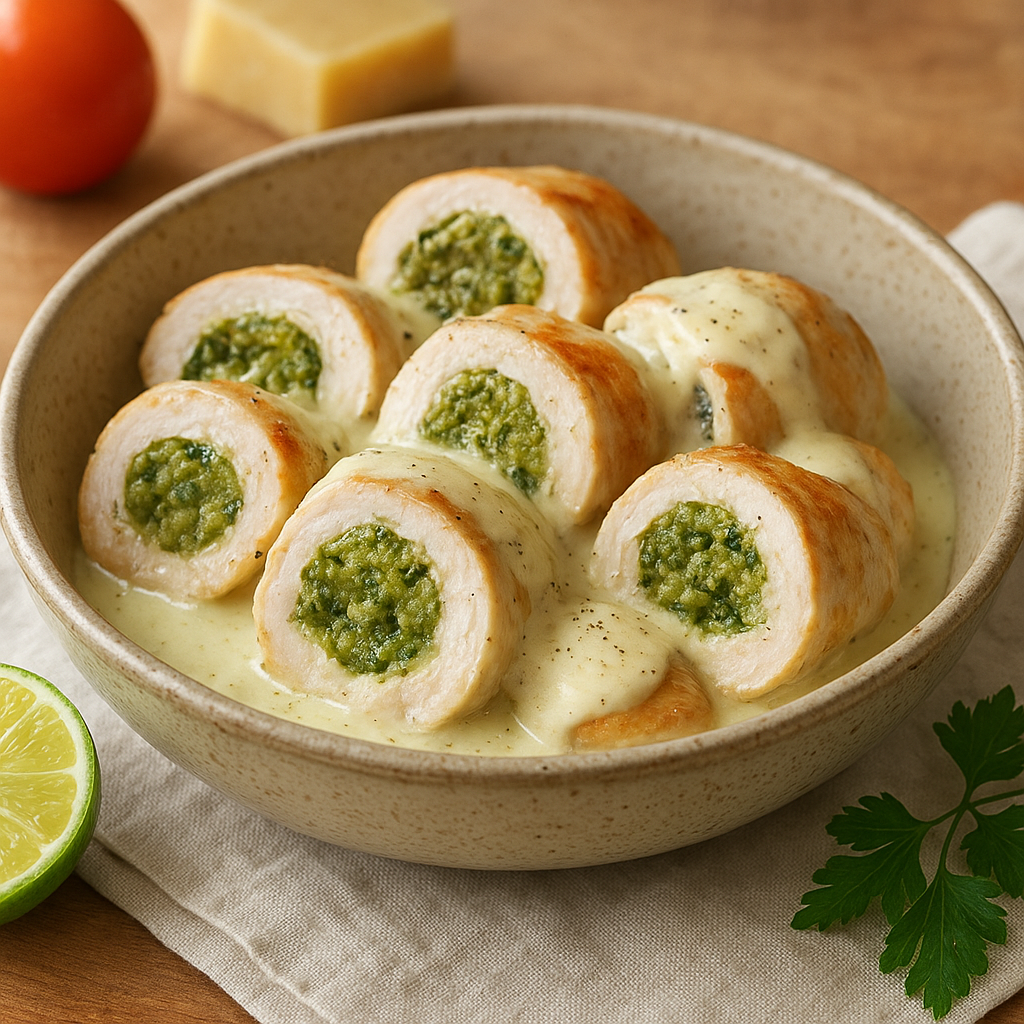 Turkey Rolls with Olive-Pesto Filling and Parmesan Cream