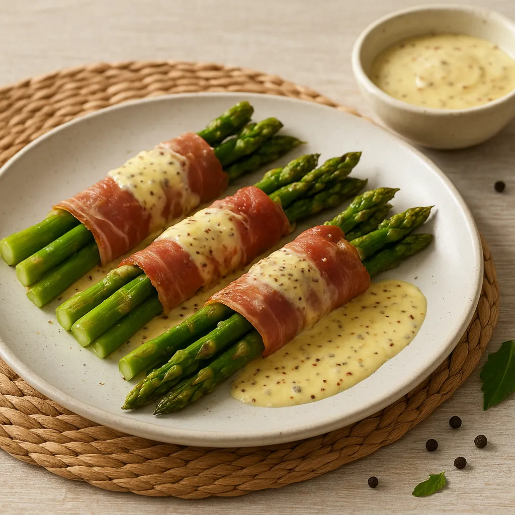 Prosciutto-Wrapped Asparagus Bundles with Mustard-Parmesan Cream