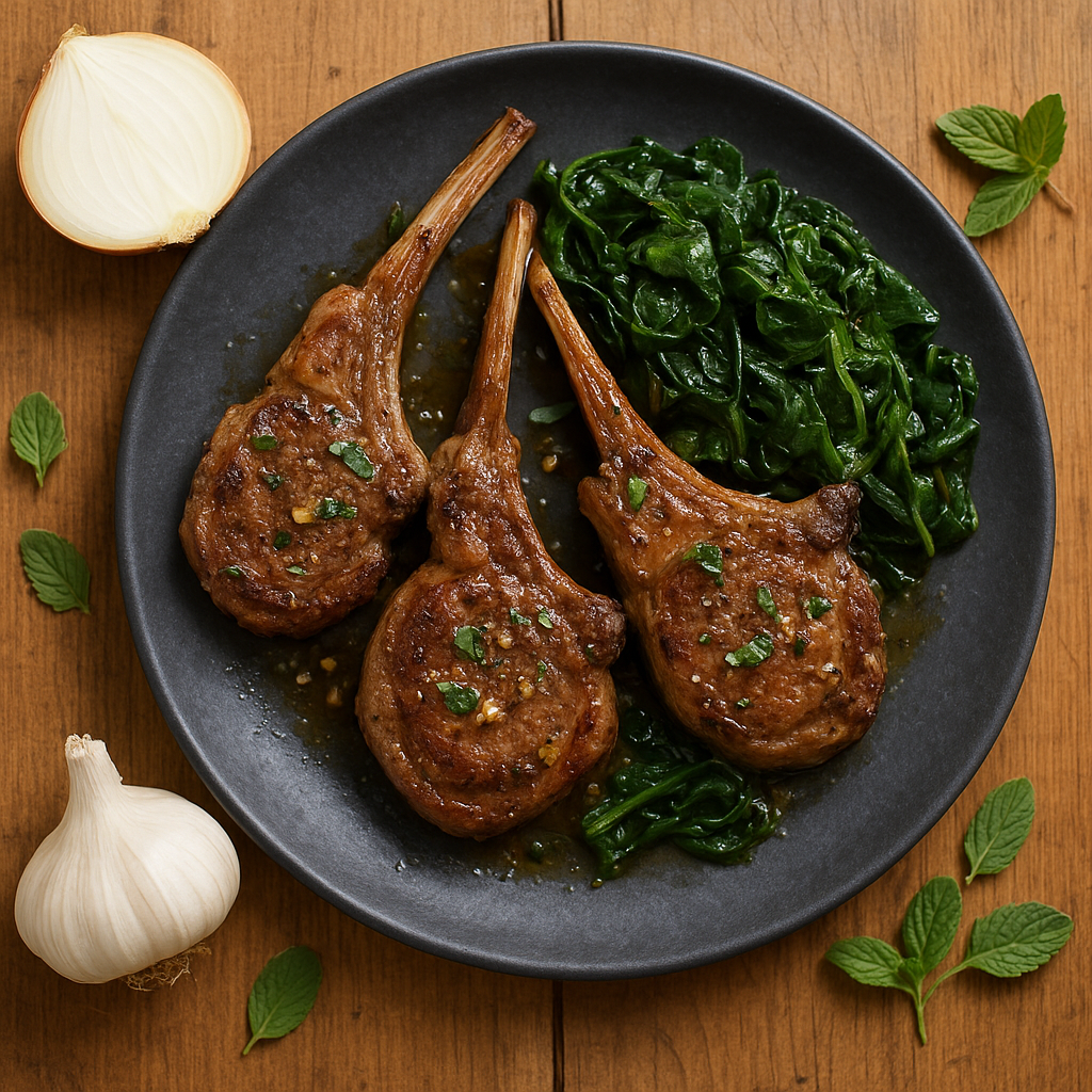 Pan-Seared Lamb Chops with Garlic Brown Butter and Minted Wilted Spinach
