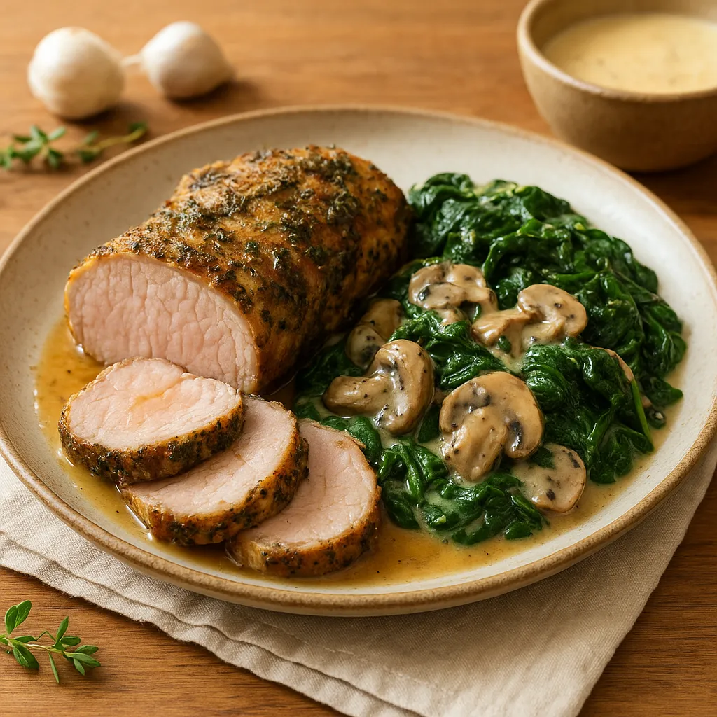 Herb-Crusted Roast Pork Loin with Creamed Cremini and Garlic Sautéed Spinach