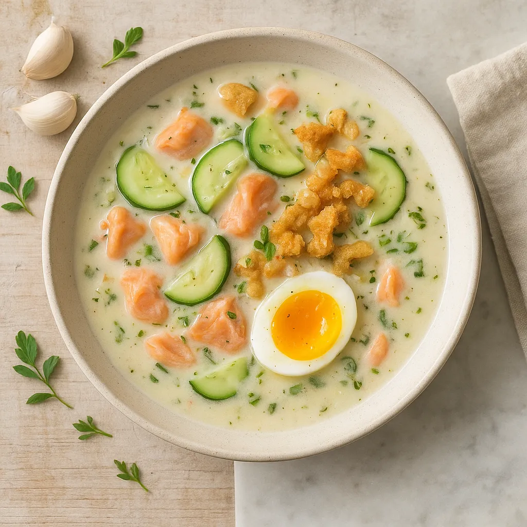 Smoked Salmon Chowder with Cucumber, Egg Yolk and Pork Rind Crunch