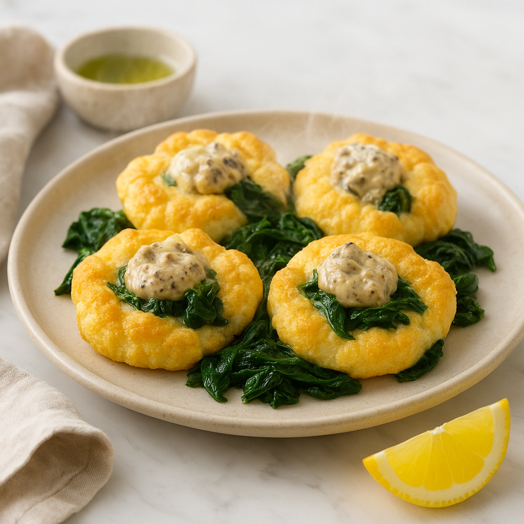 Savory Cloud Rounds with Anchovy Butter and Wilted Spinach