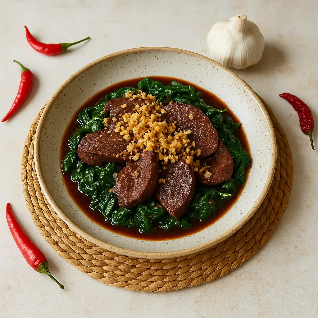 Red-Wine Braised Beef Tongue with Wilted Spinach and Pork-Rind Parmesan Crumble