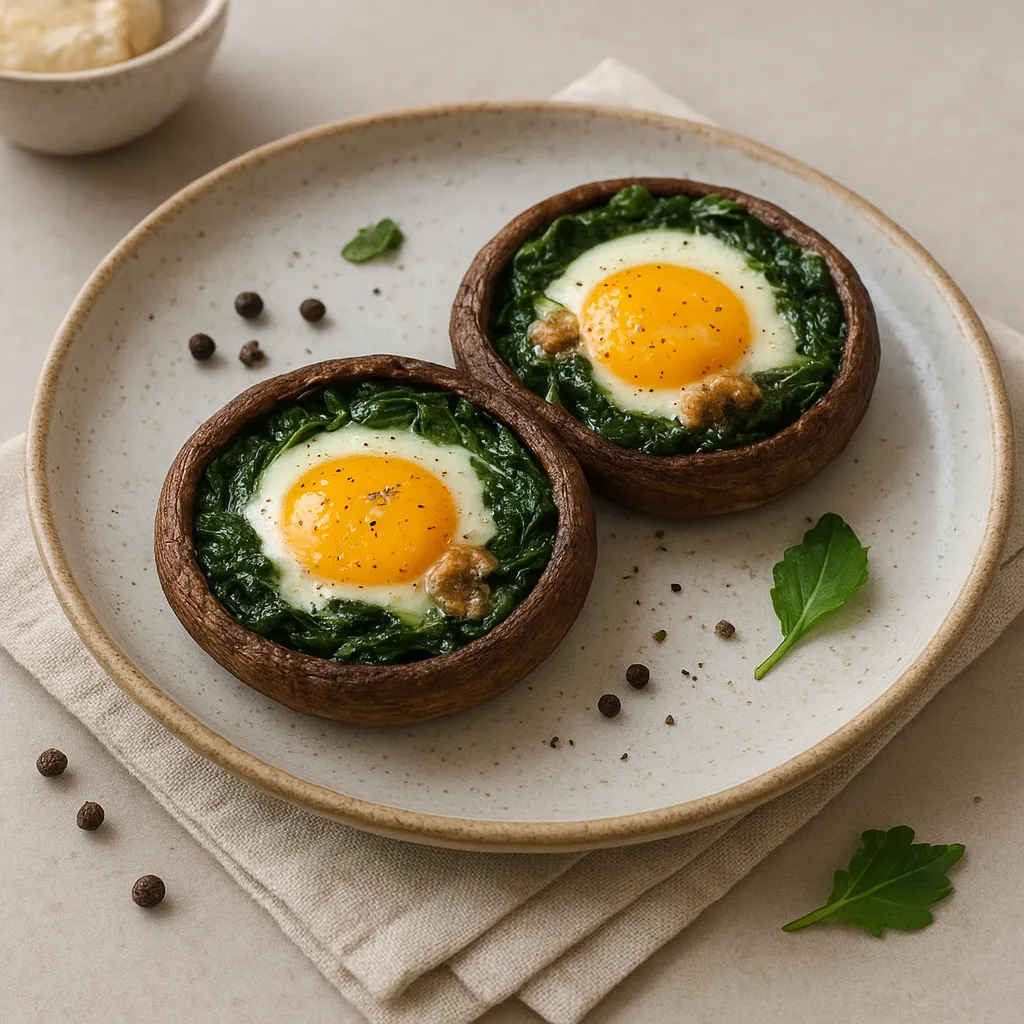 Baked Portobello Eggs with Anchovy-Butter and Wilted Spinach