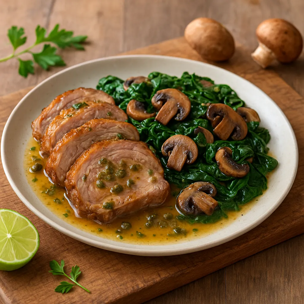 Slow-Roasted Pork Shoulder with Caper-Lemon Pan Sauce and Sautéed Cremini–Spinach