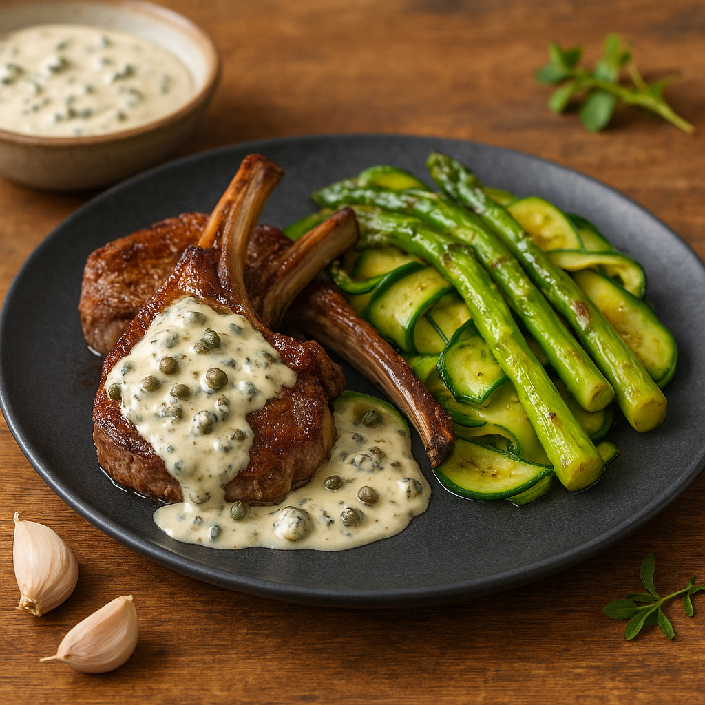 Pan-Seared Lamb Chops with Anchovy-Caper Blue Cheese Sauce and Blistered Asparagus-Zucchini Ribbons