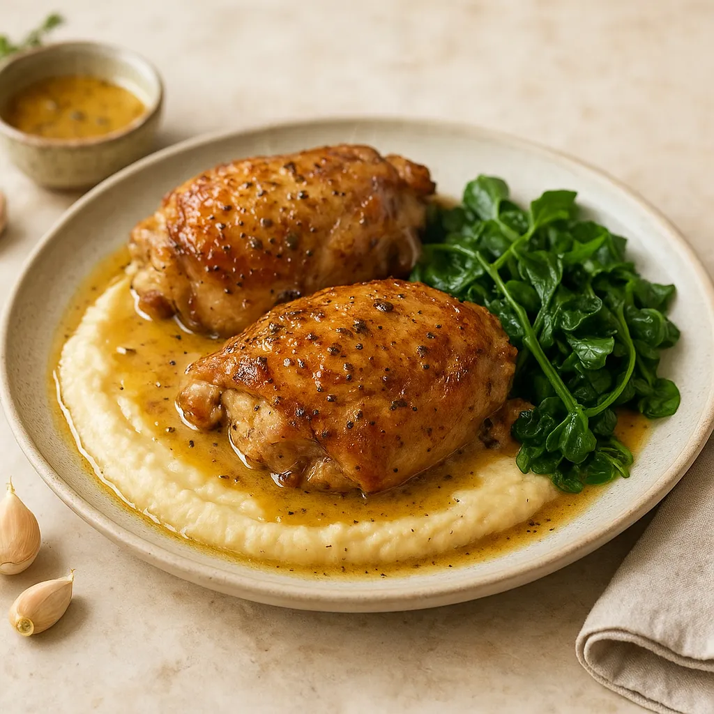 Slow-Roasted Turkey Thighs with Mustard-Butter Pan Sauce, Cauliflower Purée and Wilted Watercress