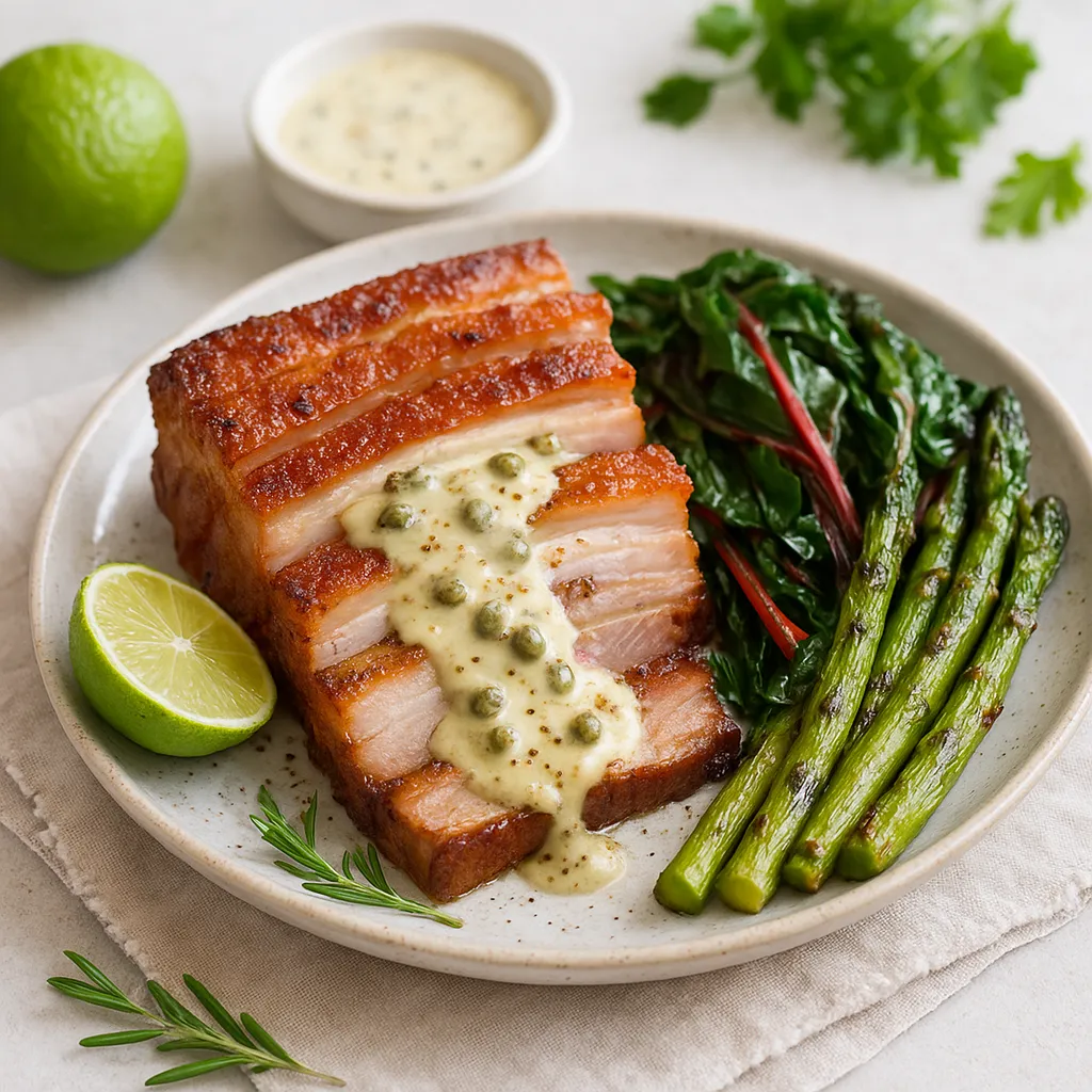 Slow-Roasted Pork Belly with Mustard-Caper Sauce, Braised Swiss Chard and Charred Asparagus