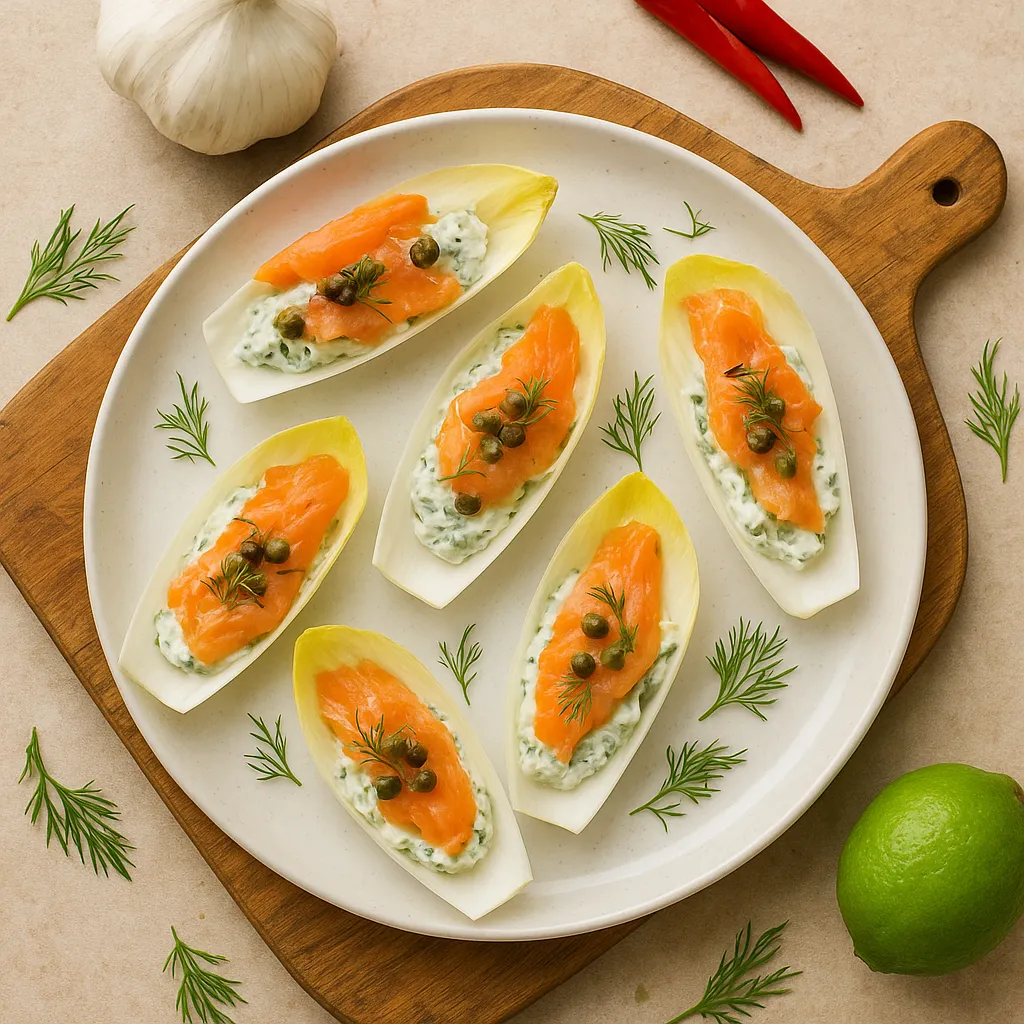 Smoked Salmon Endive Bites with Dill-Caper Whip