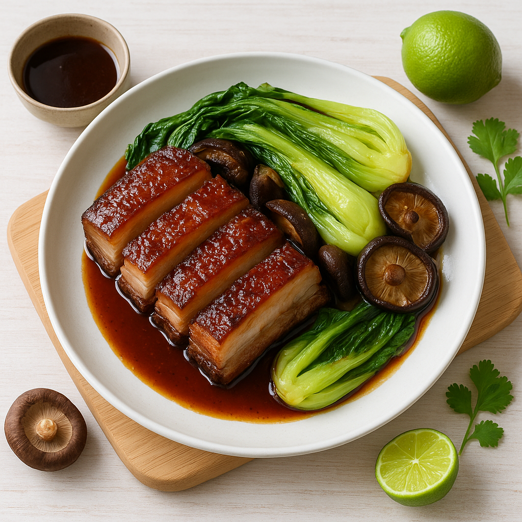 Slow-Roasted Soy-Sesame Pork Belly with Braised Bok Choy and Shiitake