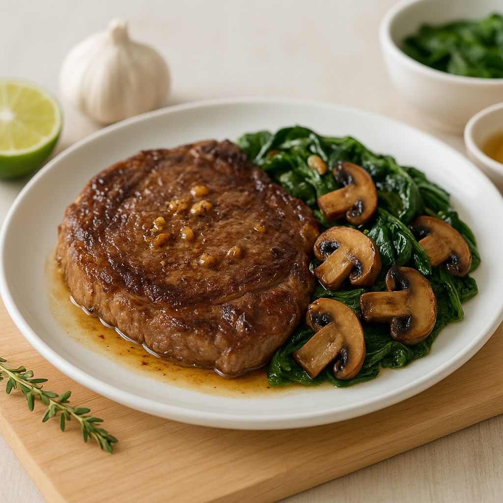Pan-Roasted Beef Ribeye with Brown-Butter Garlic, Sautéed Cremini and Lemon-Wilted Baby Spinach