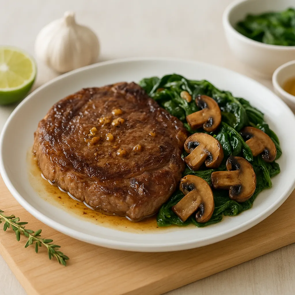 Pan-Roasted Beef Ribeye with Brown-Butter Garlic, Sautéed Cremini and Lemon-Wilted Baby Spinach