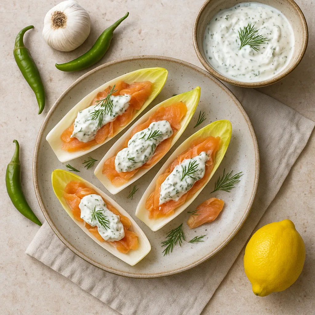 Smoked Salmon Endive Boats with Lemon-Dill Cream