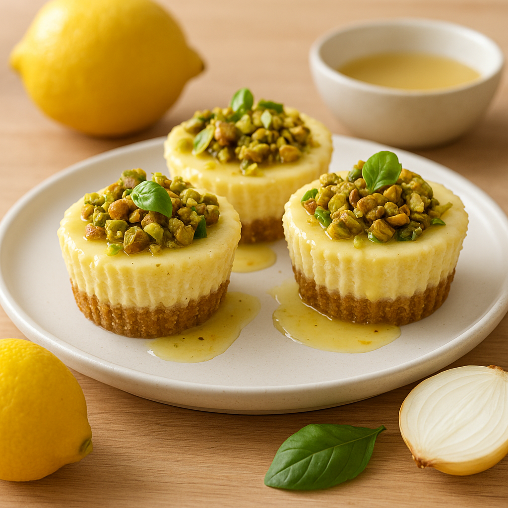 Lemon-Basil Mini Cheesecake Cups with Toasted Pistachio Crumble