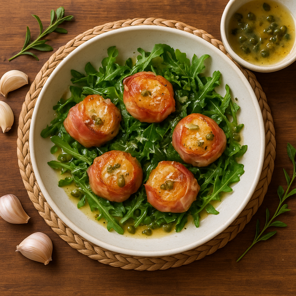 Prosciutto-Wrapped Scallops with Warm Arugula, Lemon-Caper Pan Sauce and Parmesan