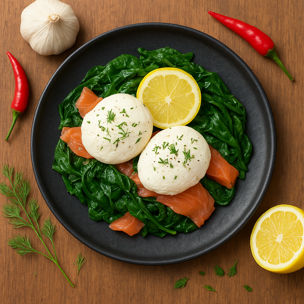 Lemon-Dill Poached Eggs over Smoked Salmon and Wilted Spinach