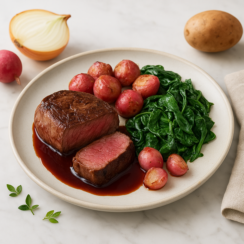 Roasted Filet Mignon with Red-Wine Pan Jus, Butter-Roasted Radishes and Wilted Baby Spinach