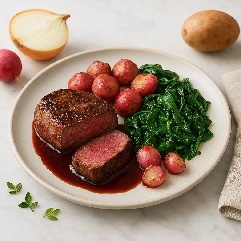 Roasted Filet Mignon with Red-Wine Pan Jus, Butter-Roasted Radishes and Wilted Baby Spinach