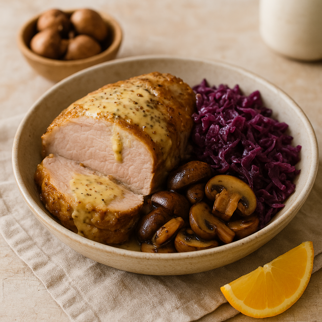 Mustard-Cream Roasted Pork Shoulder with Braised Red Cabbage and Sautéed Cremini