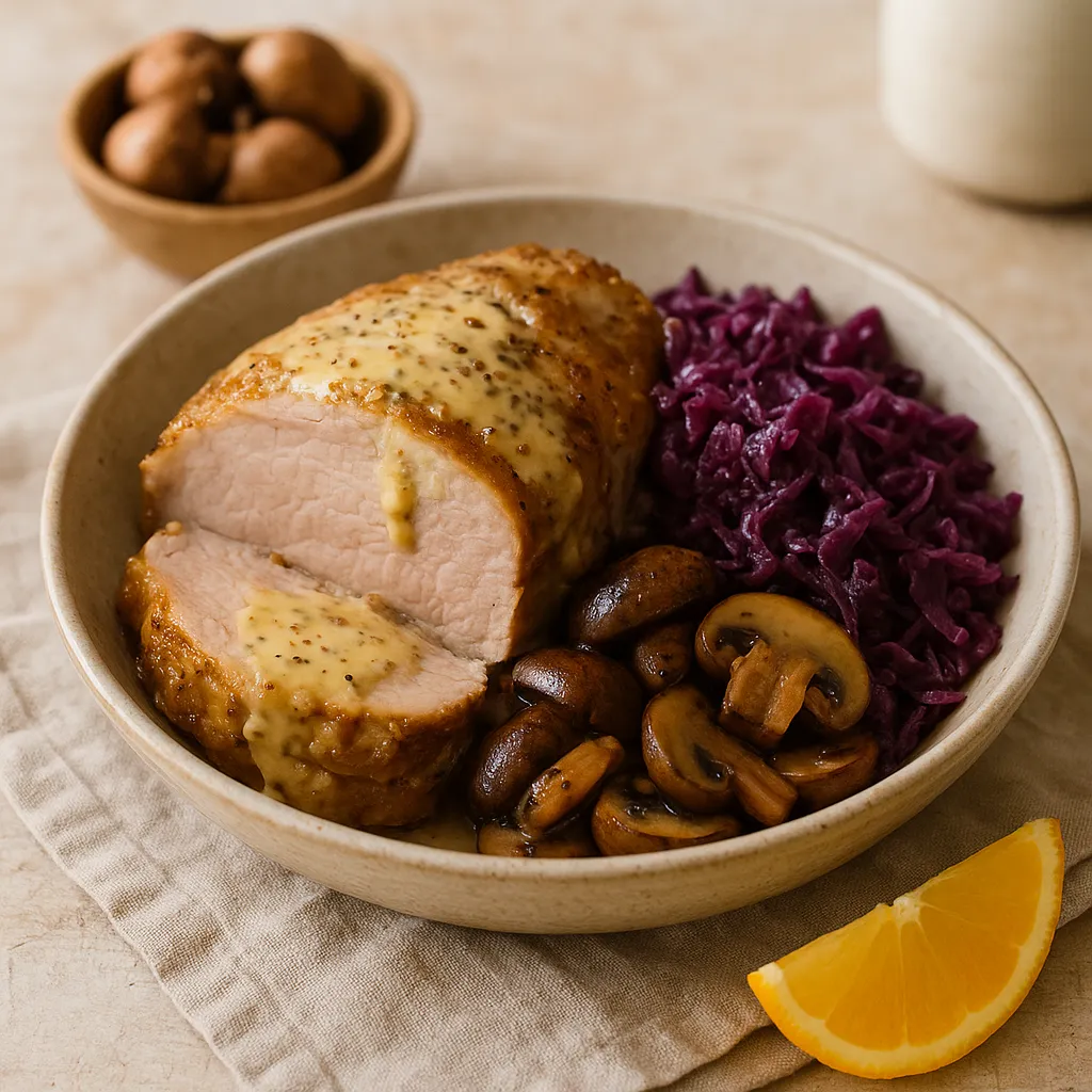 Mustard-Cream Roasted Pork Shoulder with Braised Red Cabbage and Sautéed Cremini