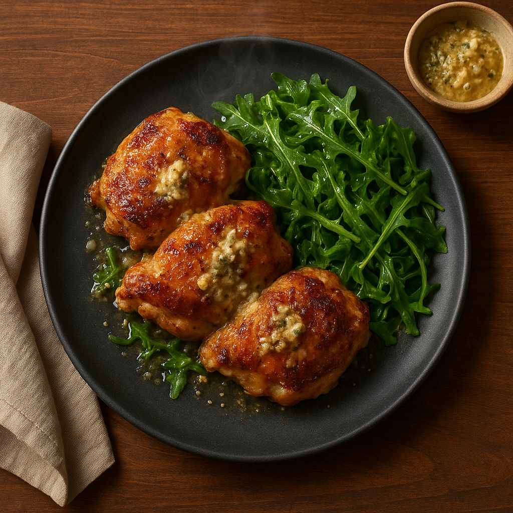 Crisp-Skinned Chicken Thighs with Anchovy-Parmesan Butter and Wilted Arugula