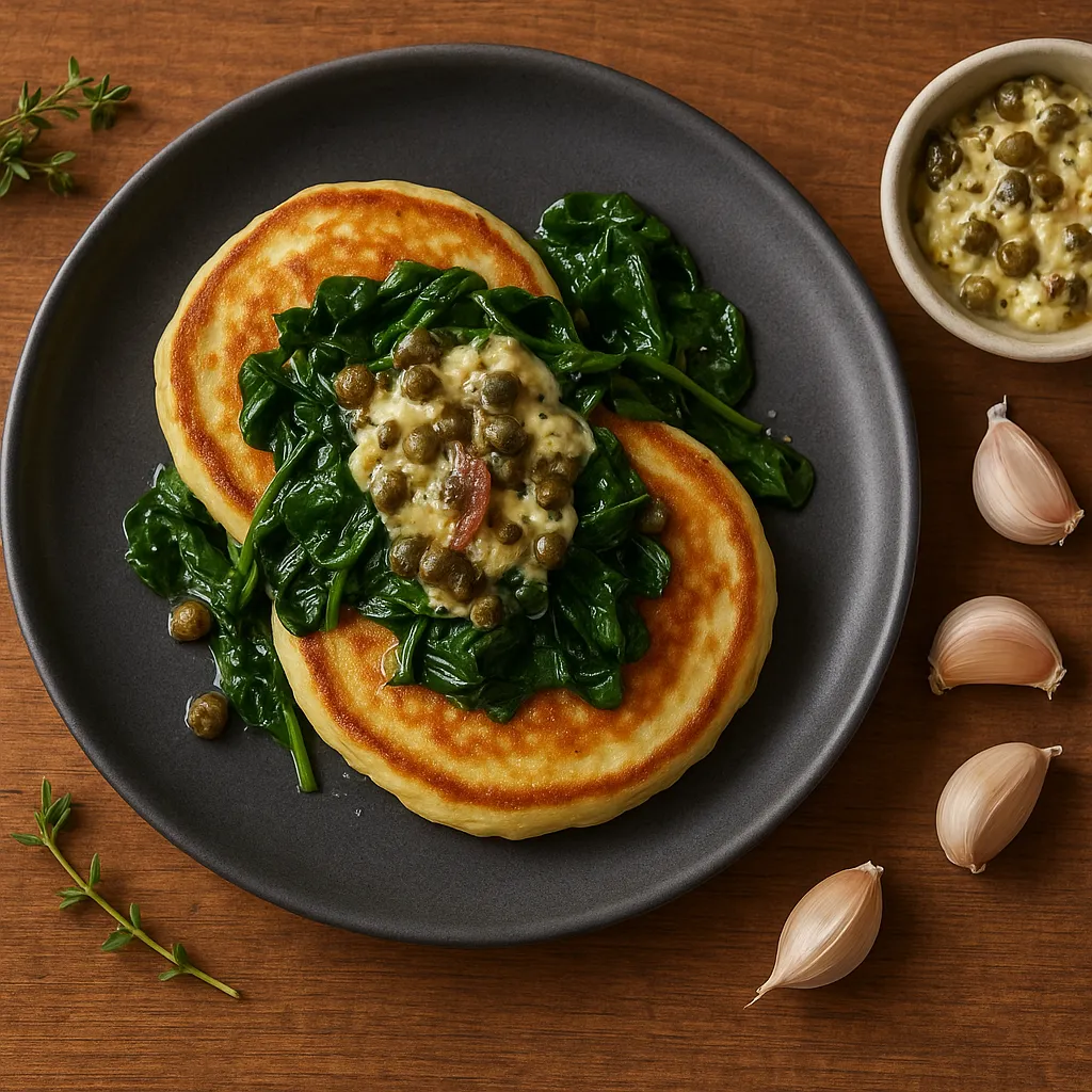Ricotta Cloud Pancakes with Anchovy-Caper Butter and Wilted Baby Spinach