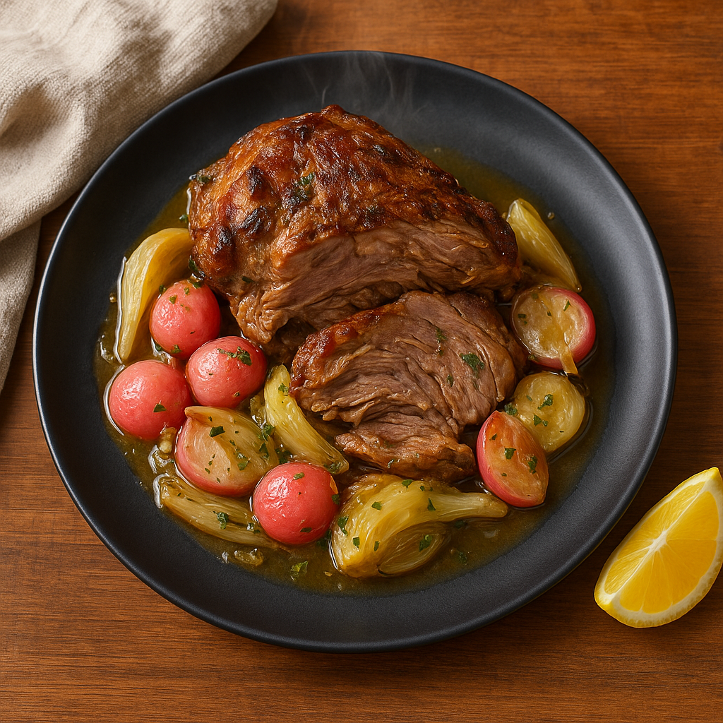 Slow-Roasted Lamb Shoulder with Fennel-Braised Radishes and Garlic-Butter Jus
