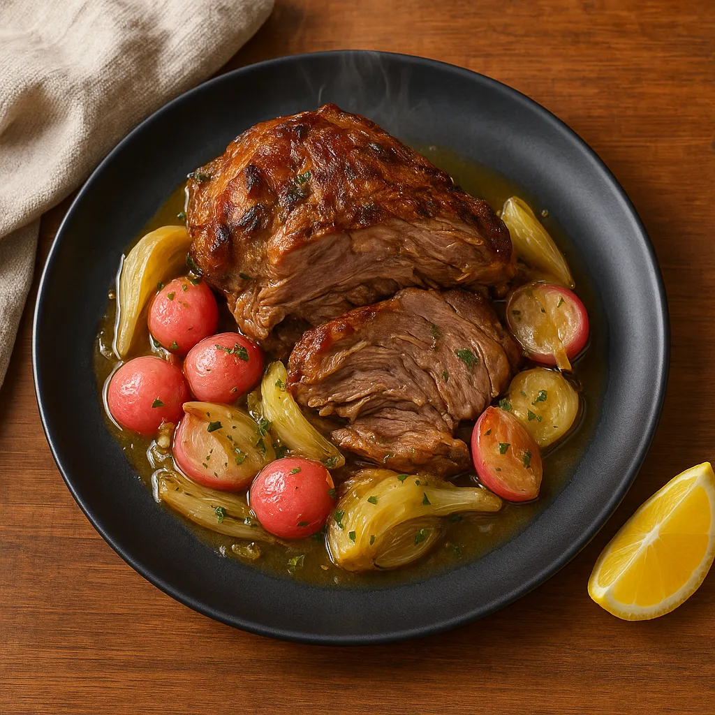 Slow-Roasted Lamb Shoulder with Fennel-Braised Radishes and Garlic-Butter Jus