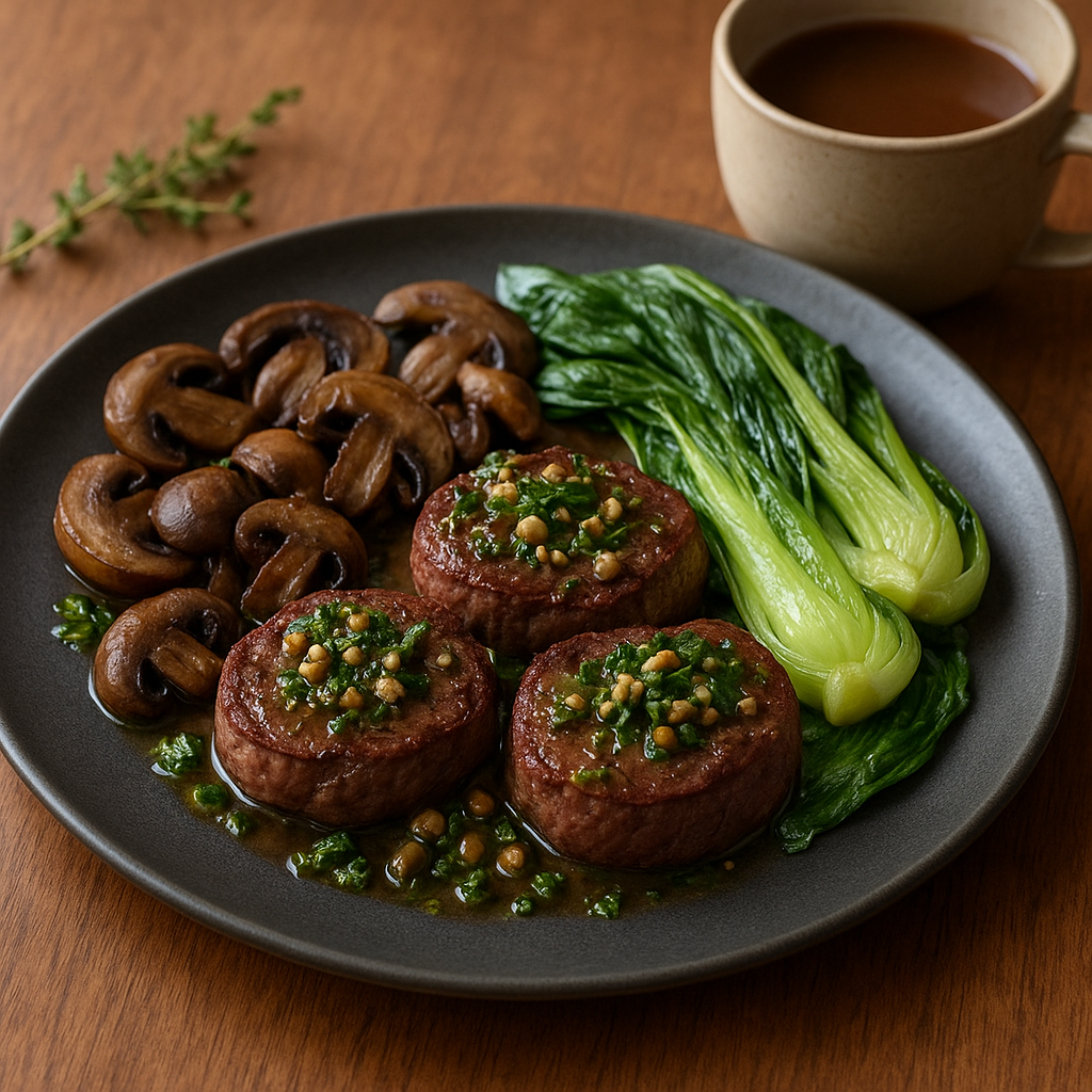 Pan-Seared Venison Medallions with Browned-Caper Butter, Sautéed Cremini and Wilted Bok Choy, Hazelnut-Parsley Gremolata