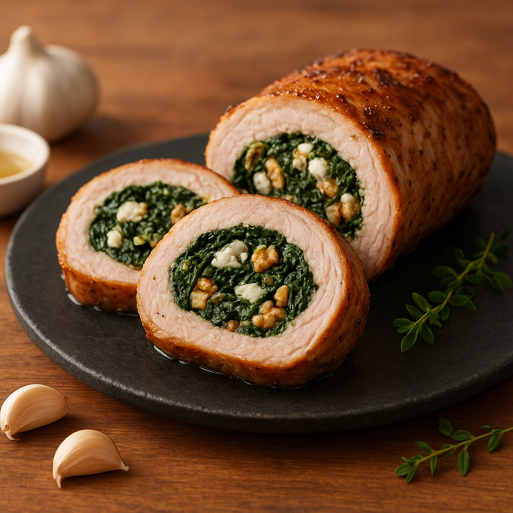 Pork Loin Roulade with Spinach, Feta, and Walnut Filling