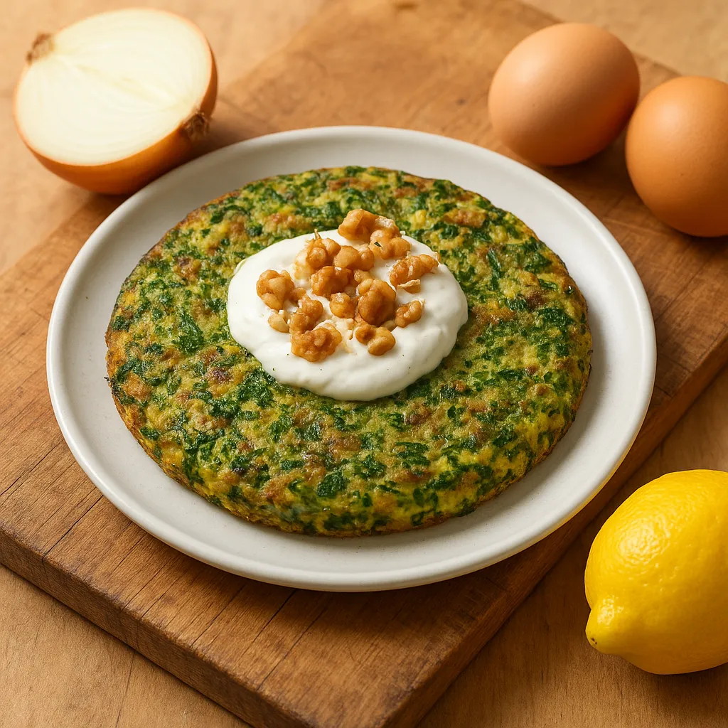 Herb Kuku with Lemon-Sour Cream and Toasted Walnuts