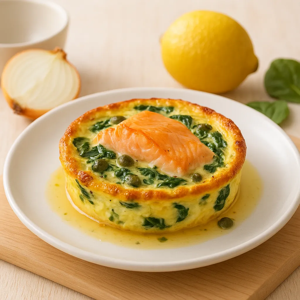 Baked Smoked Salmon Egg Custards with Lemon-Caper Spinach