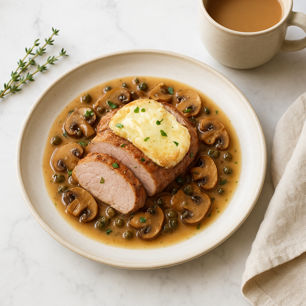 Brie-Topped Pork Tenderloin with Caper Mushroom Pan Sauce