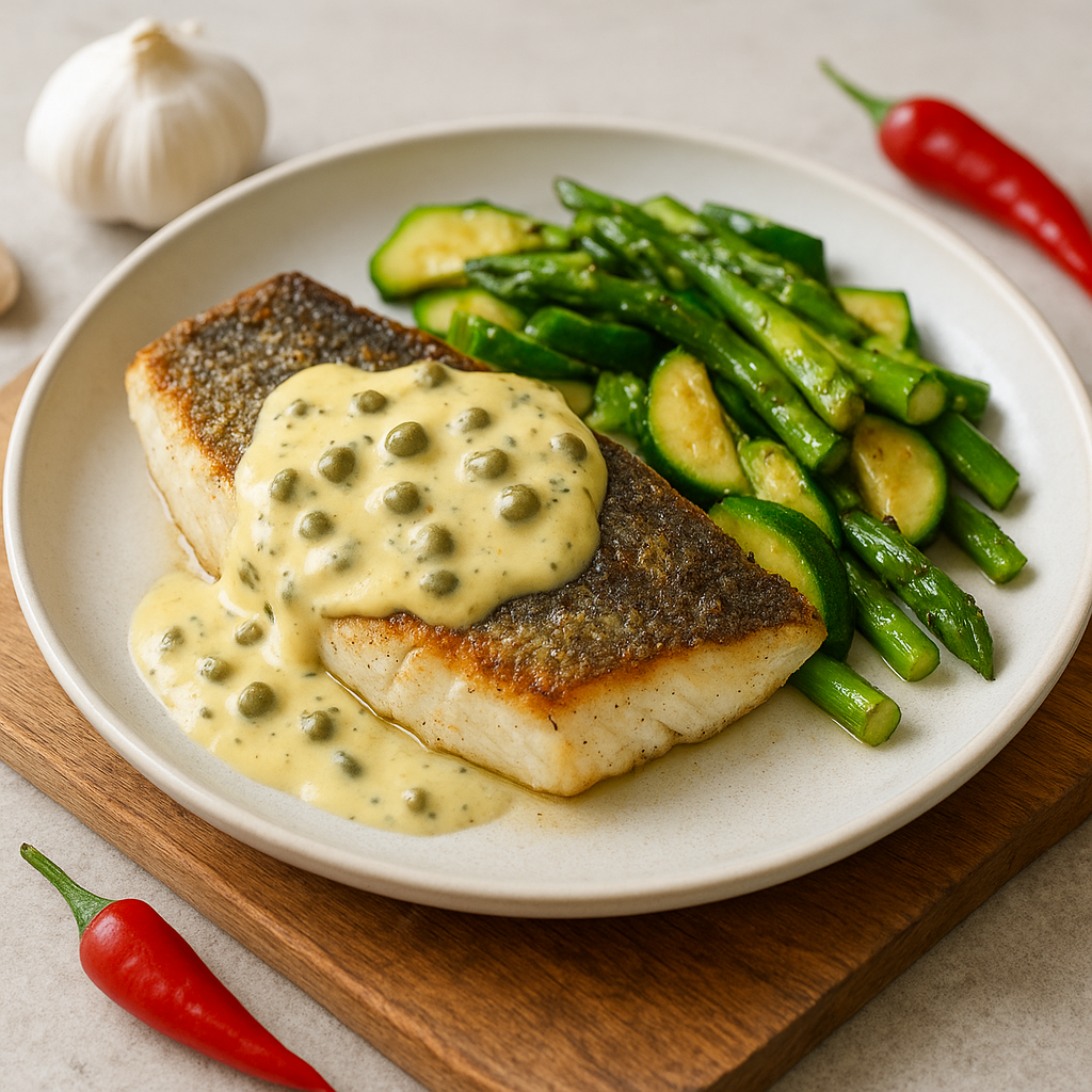 Slow-Roasted Sea Bass with Lemon-Caper Cream and Sautéed Zucchini–Asparagus