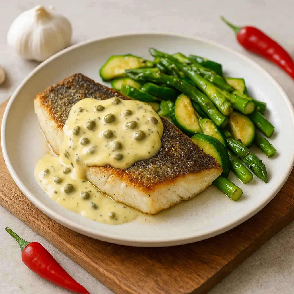 Slow-Roasted Sea Bass with Lemon-Caper Cream and Sautéed Zucchini–Asparagus